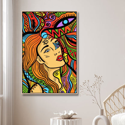 Vibrant Psychedelic Woman Art - Colorful Line Drawing for Modern Home Decor