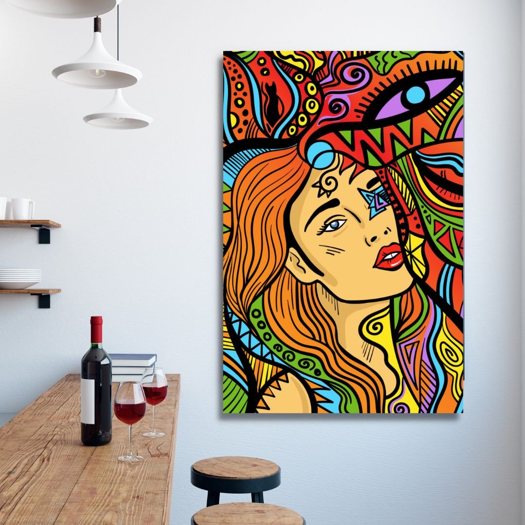 Vibrant Psychedelic Woman Art - Colorful Line Drawing for Modern Home Decor