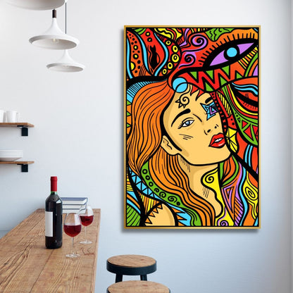 Vibrant Psychedelic Woman Art - Colorful Line Drawing for Modern Home Decor