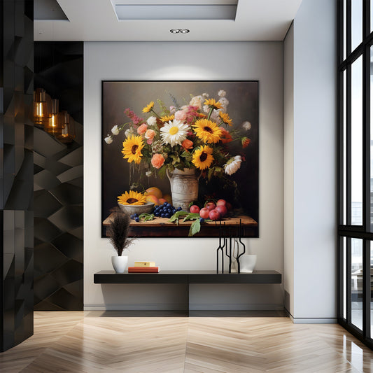 Vibrant Summer Flower Arrangement in Rustic Vase - Stunning Oil Painting Decor