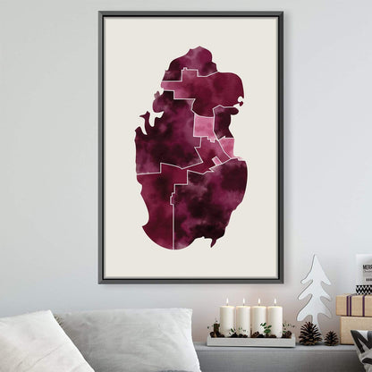 Abstract Qatar Map in Rich Burgundy - Modern Oil Painting for Home Decor