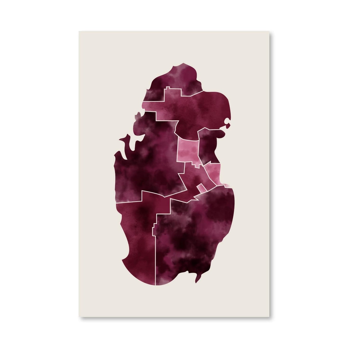 Abstract Qatar Map in Rich Burgundy - Modern Oil Painting for Home Decor