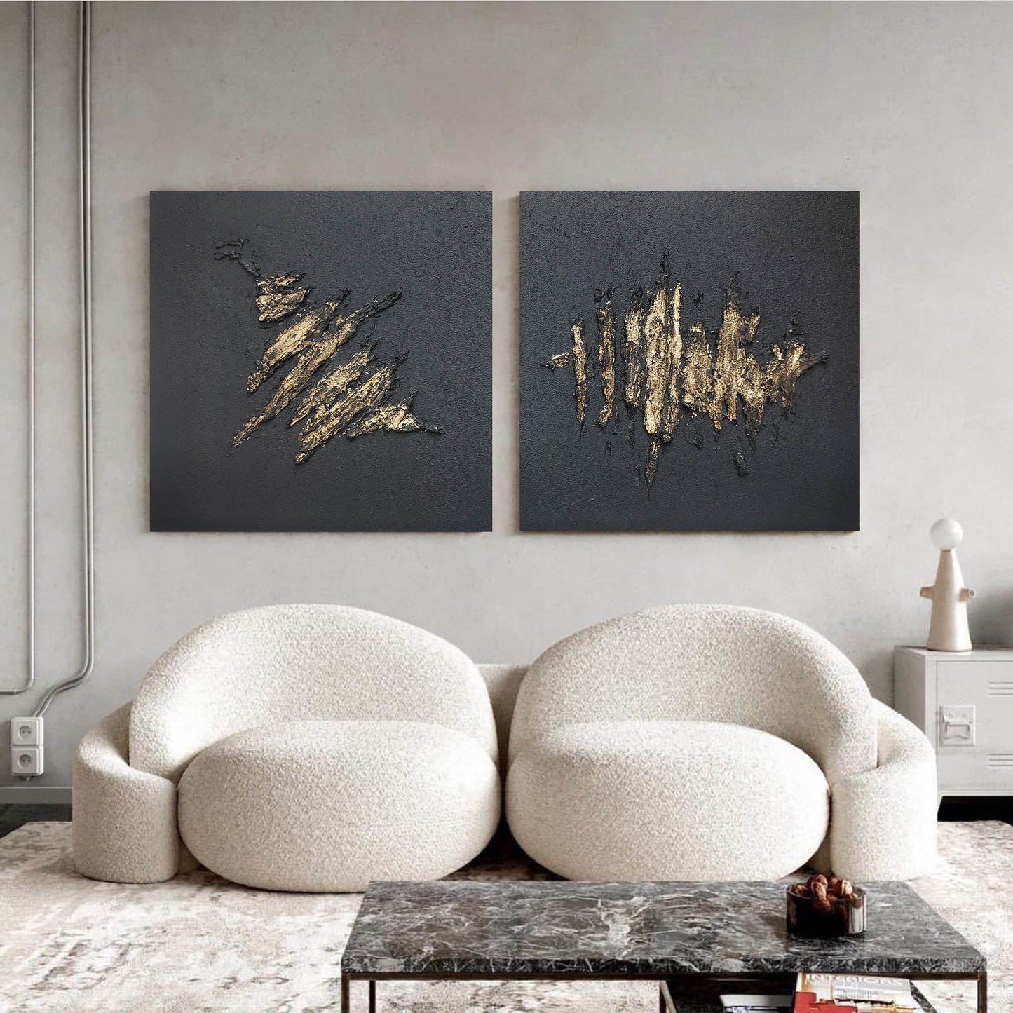 Modern Minimalist Gold and Black Abstract Oil Painting for Elegant Home Decor