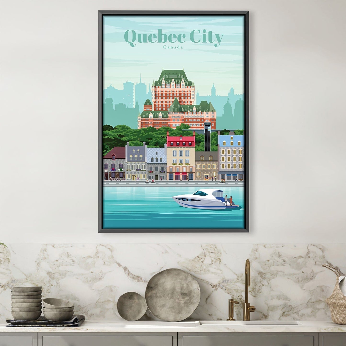 Charming Quebec City Oil Painting - Scenic Waterfront View