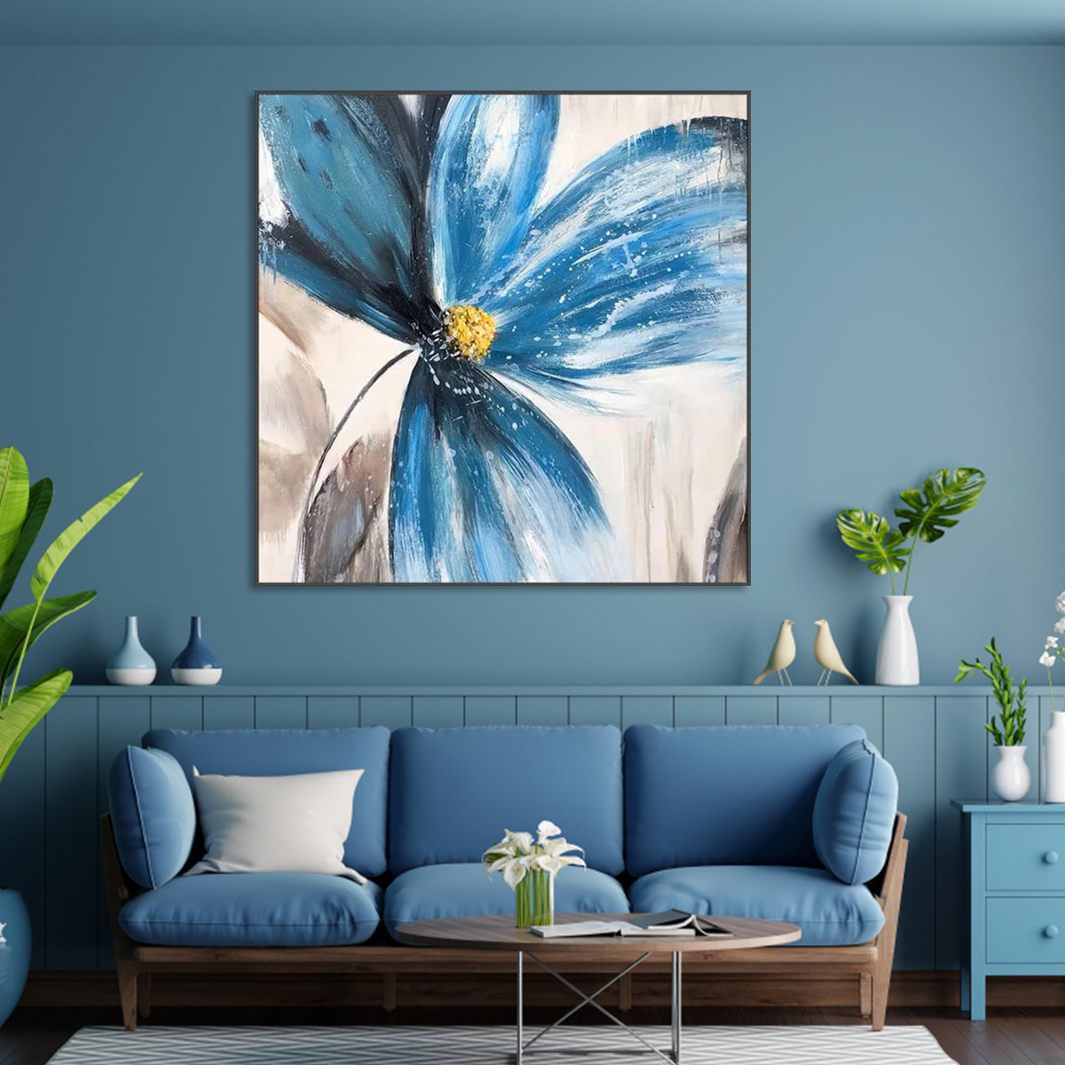 Vibrant Blue Flower Oil Painting for Modern Home Decor