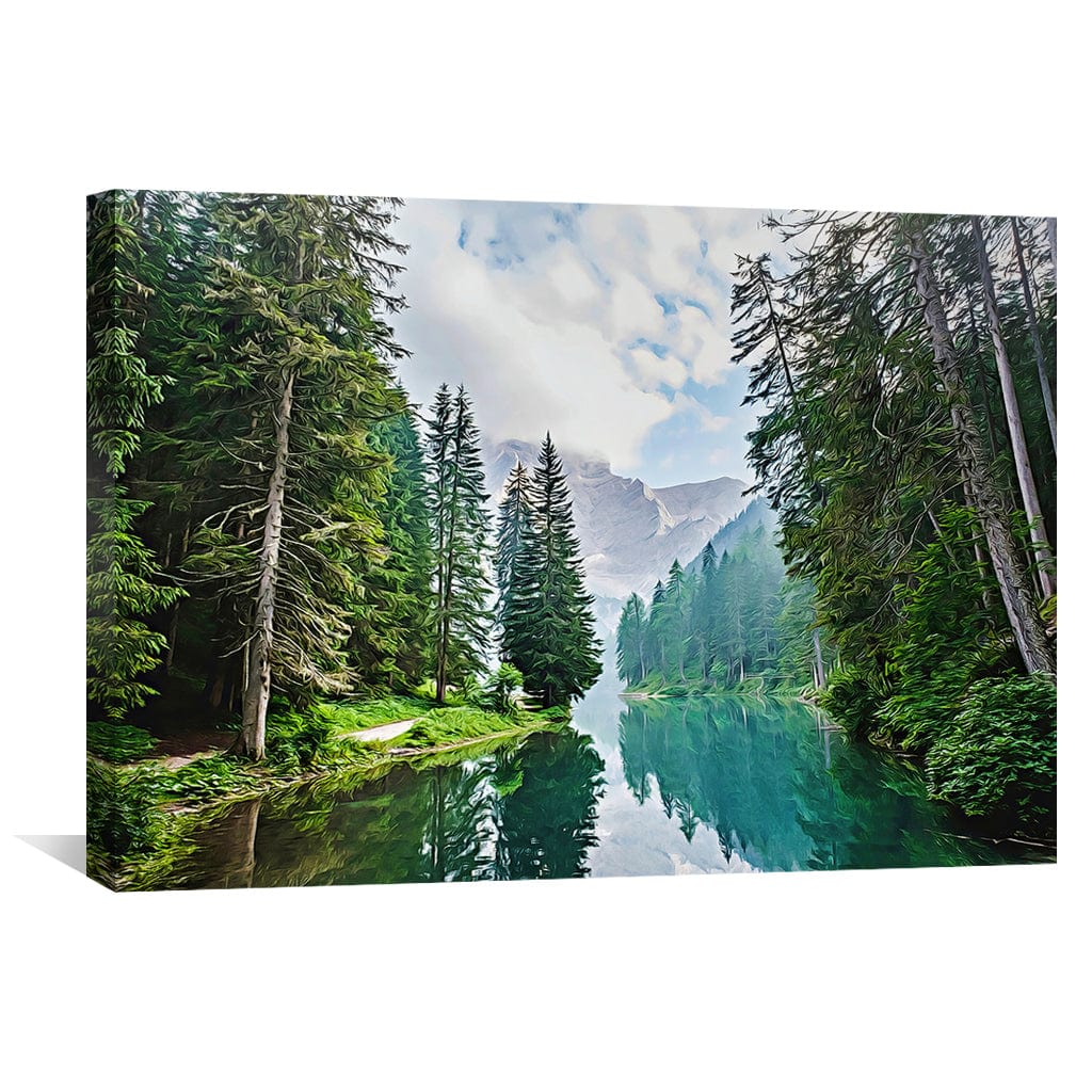 Serene Oil Painting of a Tranquil Mountain Lake with Lush Greenery