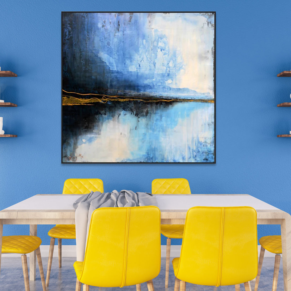 Serene Blue Reflections: Abstract Oil Painting for Modern Home Decor