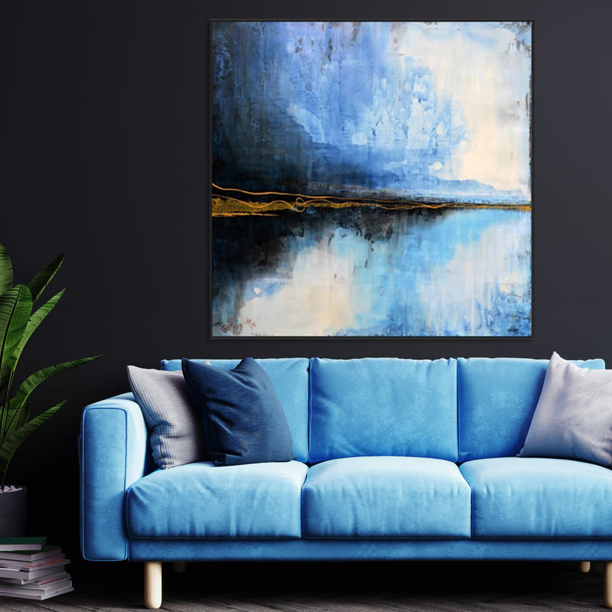 Serene Blue Reflections: Abstract Oil Painting for Modern Home Decor