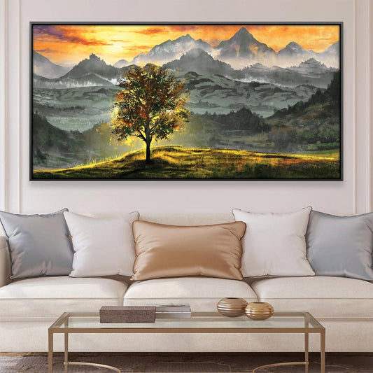 Vibrant Mountain Landscape with Majestic Tree - Oil Painting Decor