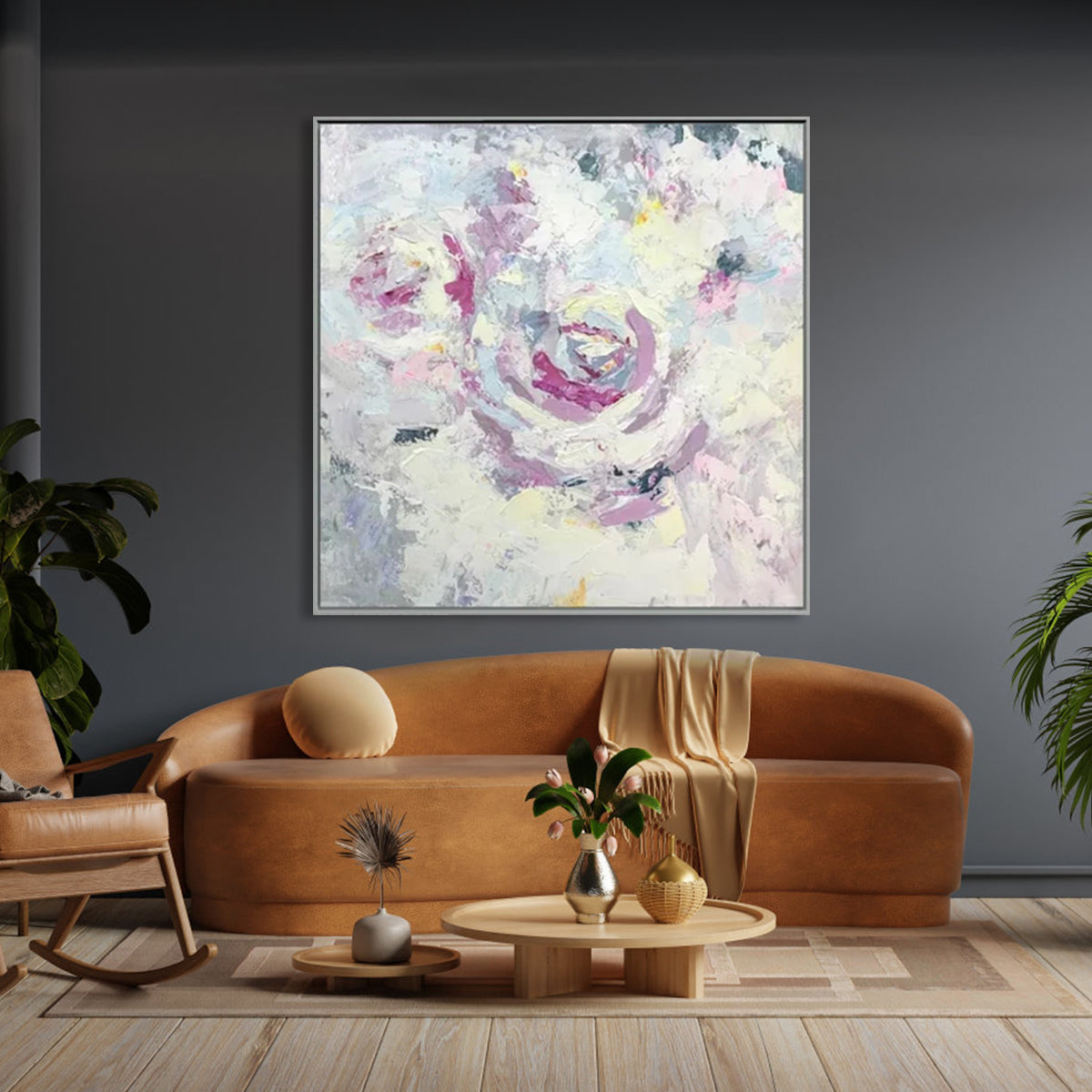 Soft Pink Roses: Abstract Floral Oil Painting for Elegant Home Decor