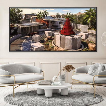 Vibrant Oil Painting of Modern Architecture and Tropical Serenity