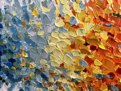 Vibrant Abstract Floral Oil Painting with Colorful Rainbow Petals