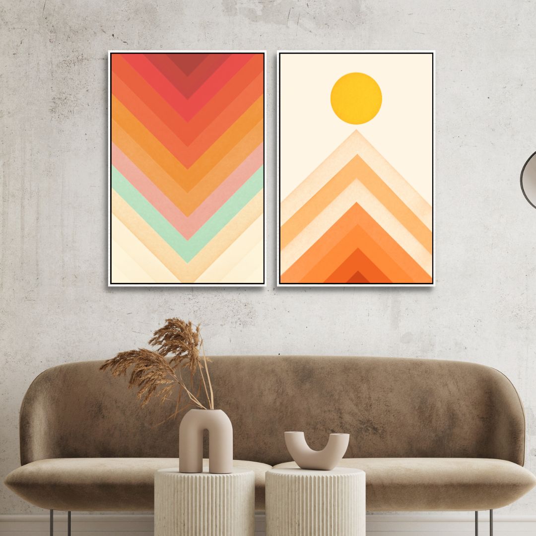 Retro Mountain Sunrise Oil Painting with Vibrant Rainbow Colors