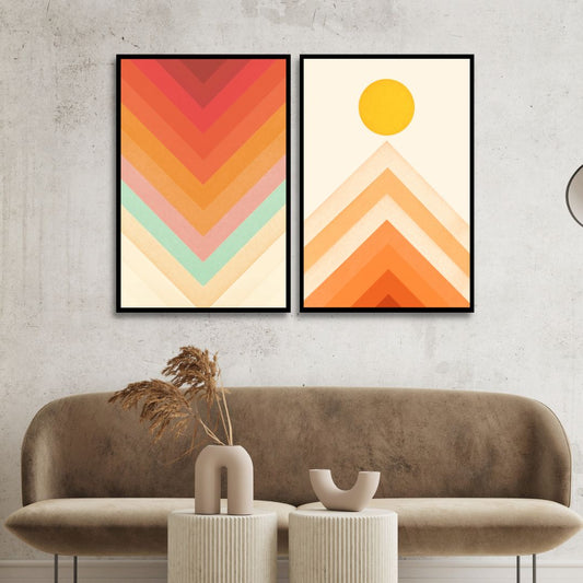 Retro Mountain Sunrise Oil Painting with Vibrant Rainbow Colors