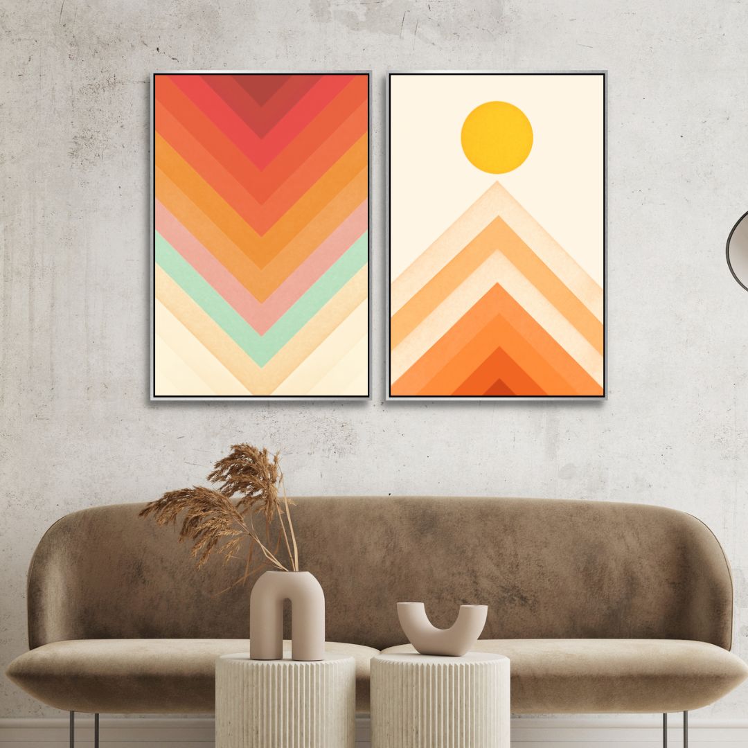 Retro Mountain Sunrise Oil Painting with Vibrant Rainbow Colors