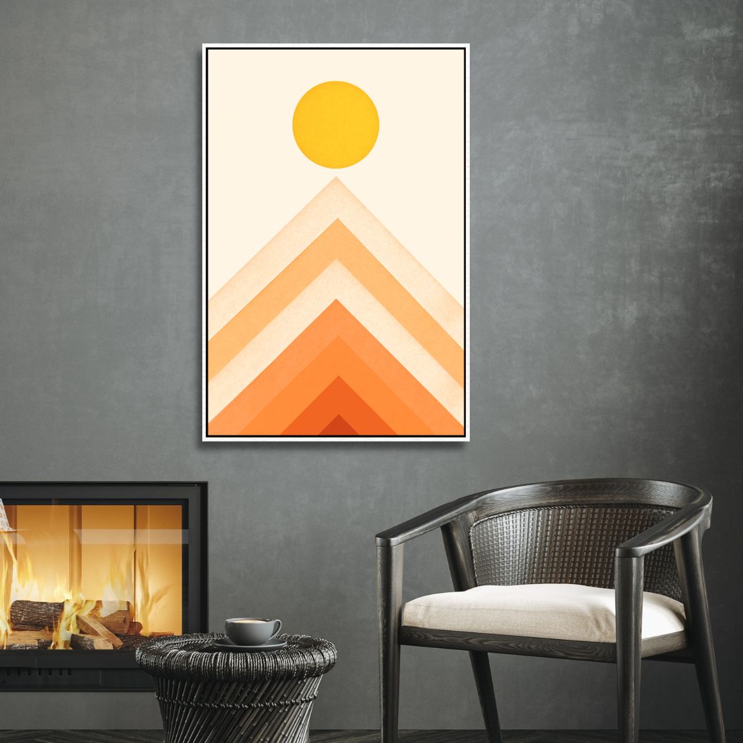 Retro Mountain Sunrise Oil Painting with Vibrant Rainbow Colors