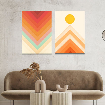 Retro Mountain Sunrise Oil Painting with Vibrant Rainbow Colors