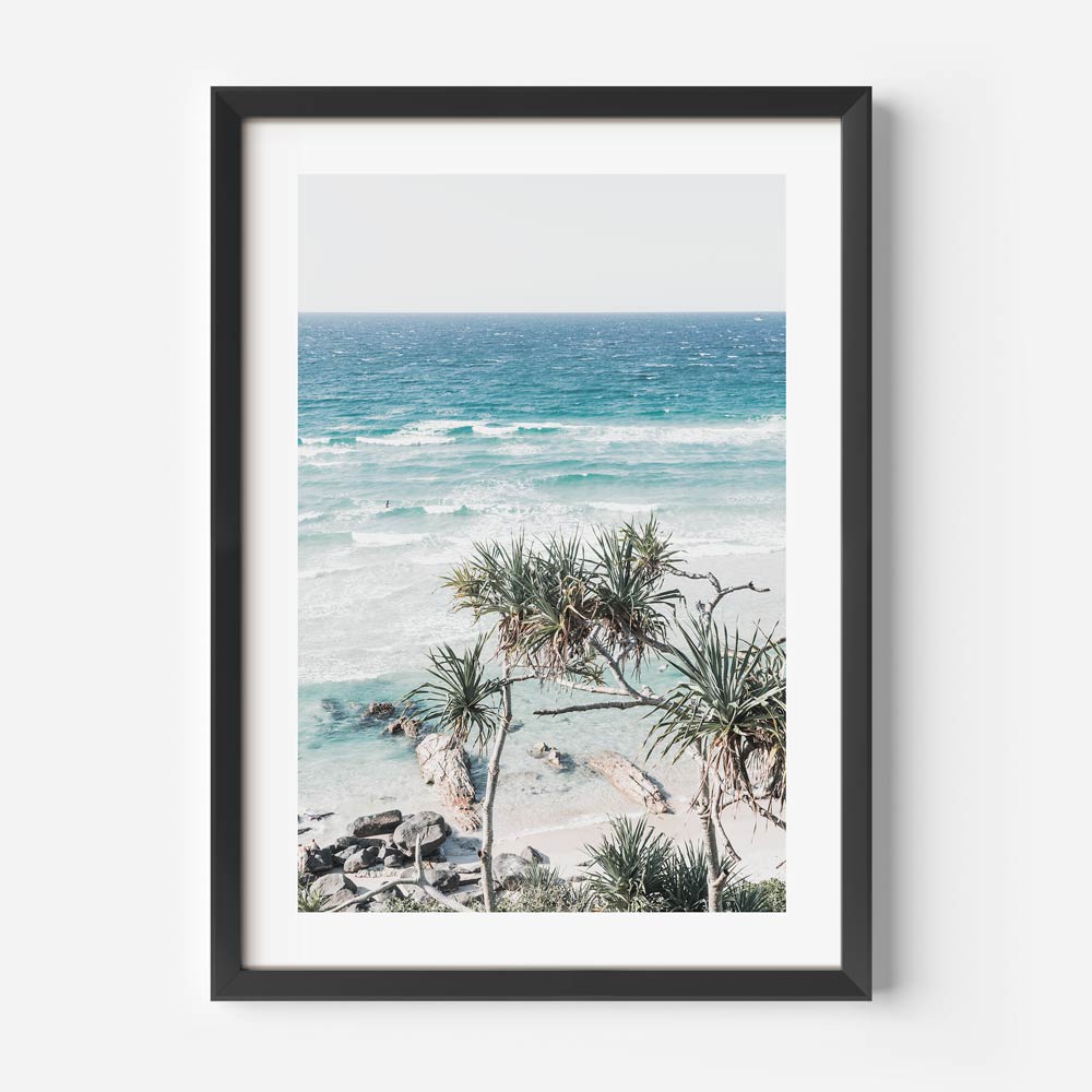 Tropical Serenity: Vibrant Oil Painting of Palm Trees by the Ocean Waves