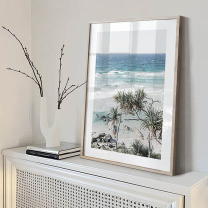 Tropical Serenity: Vibrant Oil Painting of Palm Trees by the Ocean Waves