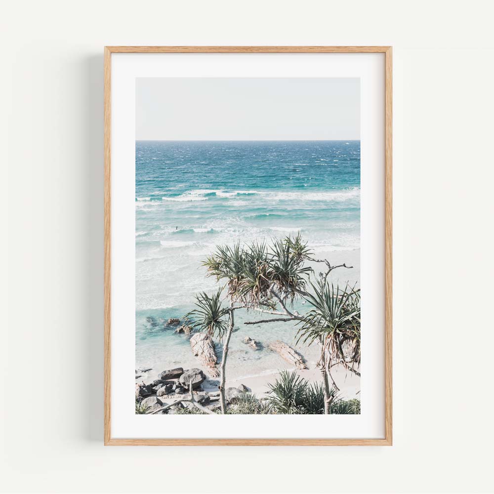 Tropical Serenity: Vibrant Oil Painting of Palm Trees by the Ocean Waves