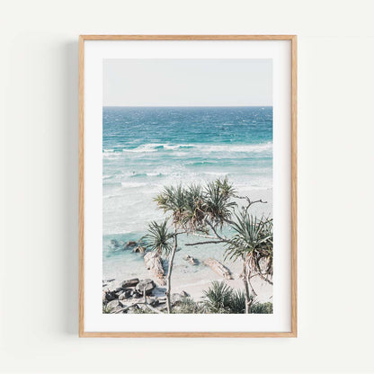 Tropical Serenity: Vibrant Oil Painting of Palm Trees by the Ocean Waves