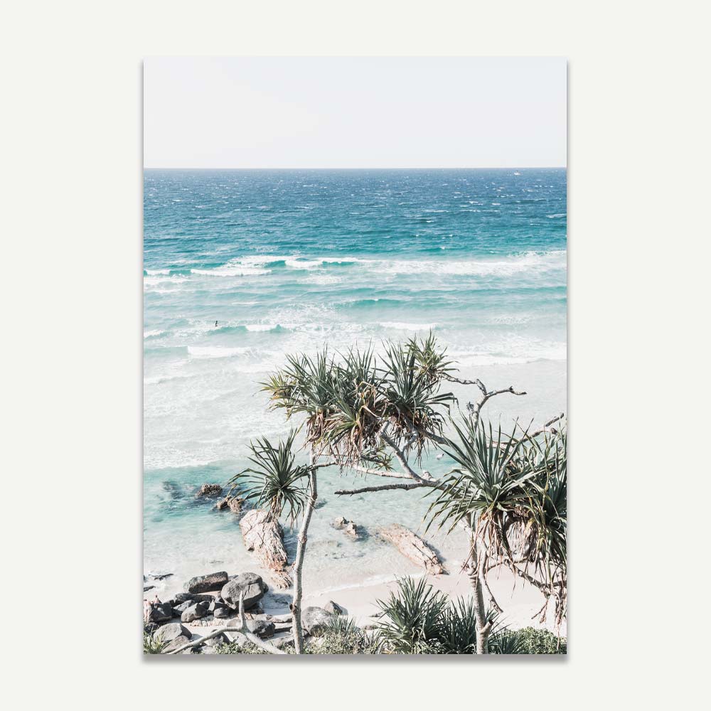 Tropical Serenity: Vibrant Oil Painting of Palm Trees by the Ocean Waves