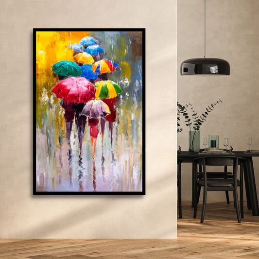 Colorful Umbrellas in Rainy Day Abstract Oil Painting for Home Decor