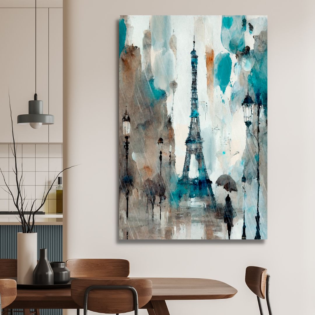 Abstract Paris Oil Painting - Rainy Day with Eiffel Tower Canvas Art for Home Decor