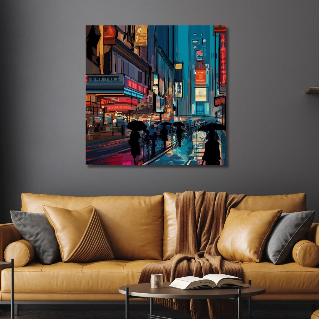 Vibrant Abstract Oil Painting of Rainy Times Square with Colorful Umbrellas