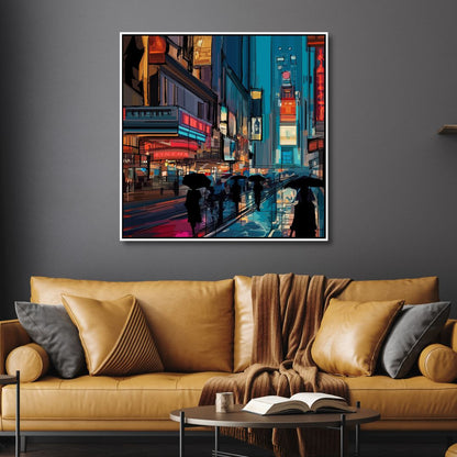 Vibrant Abstract Oil Painting of Rainy Times Square with Colorful Umbrellas