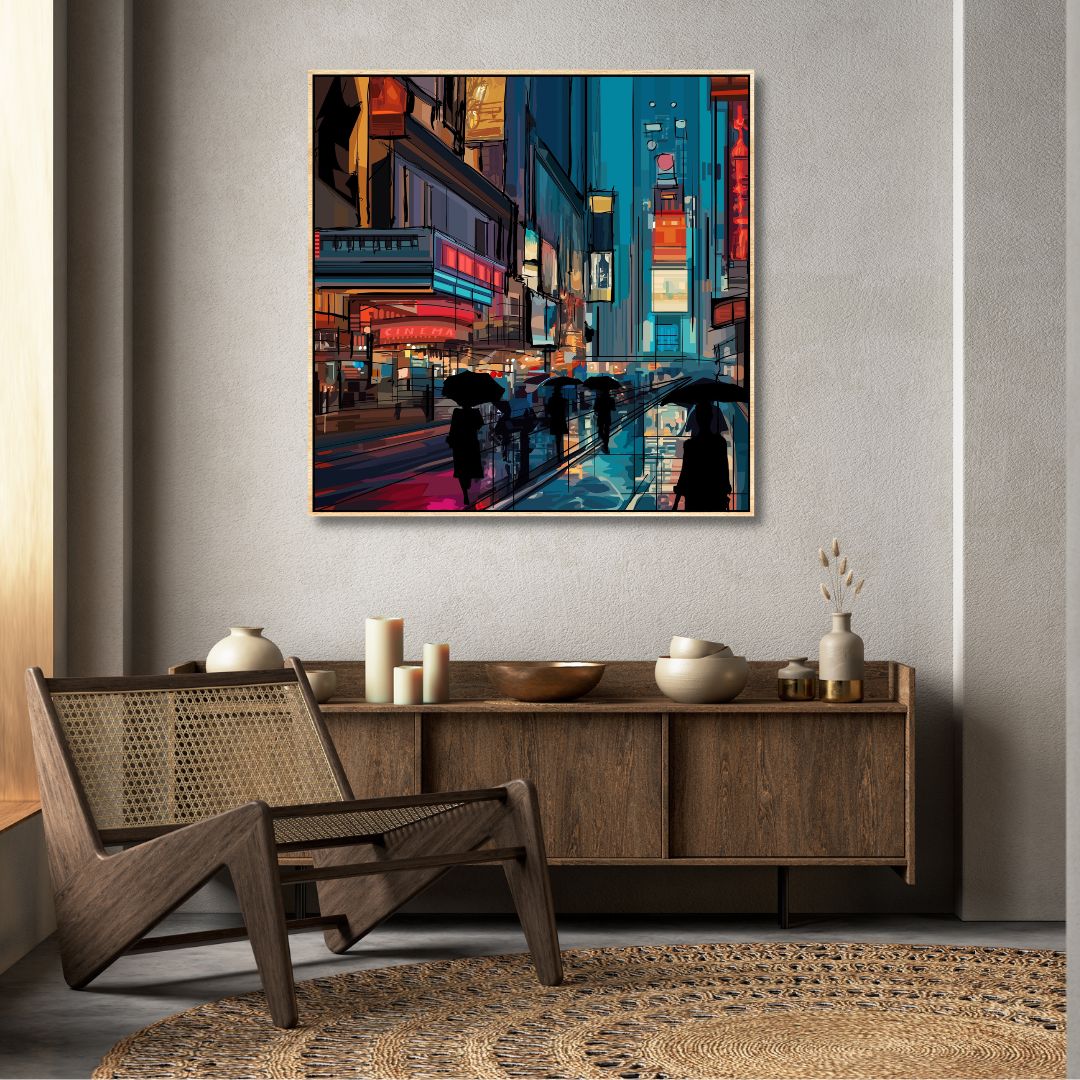 Vibrant Abstract Oil Painting of Rainy Times Square with Colorful Umbrellas