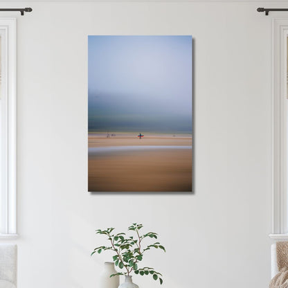 Abstract Coastal Surfing Oil Painting with Vibrant Red and Blue Tones