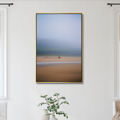 Abstract Coastal Surfing Oil Painting with Vibrant Red and Blue Tones