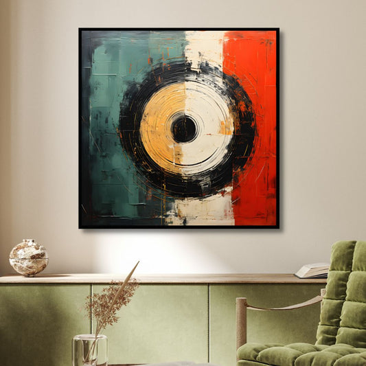 Geometric Abstract Oil Painting in Red, Green, and Yellow for Modern Home Decor