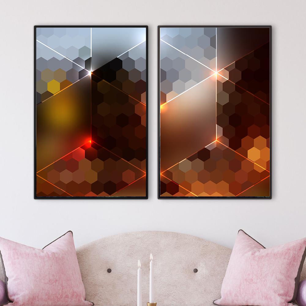 Abstract Geometric Oil Painting in Rich Ruby and Warm Tones for Modern Decor