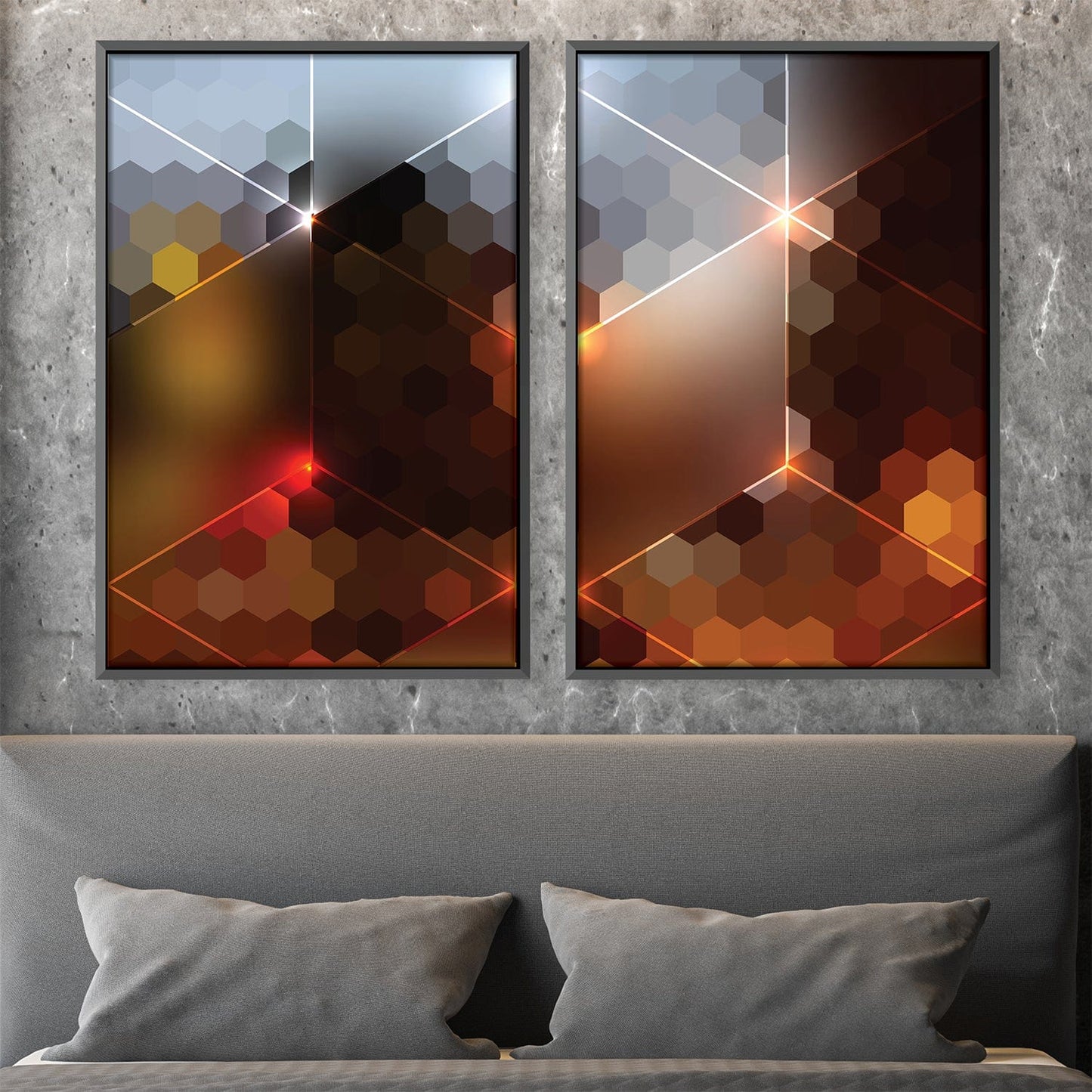 Abstract Geometric Oil Painting in Rich Ruby and Warm Tones for Modern Decor