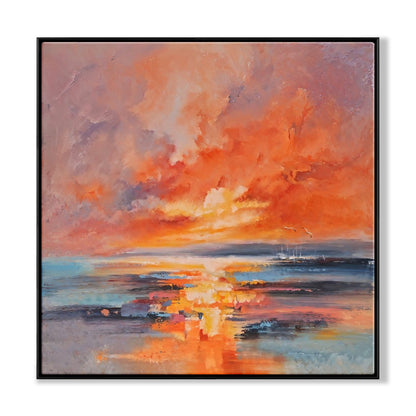 Stunning Ocean Sunset with Red Moon: Vivid Oil Painting for Home Decor
