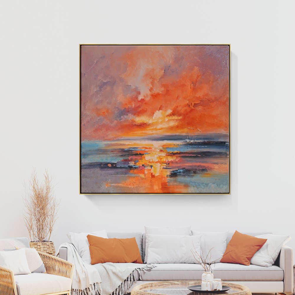 Stunning Ocean Sunset with Red Moon: Vivid Oil Painting for Home Decor