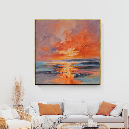 Stunning Ocean Sunset with Red Moon: Vivid Oil Painting for Home Decor