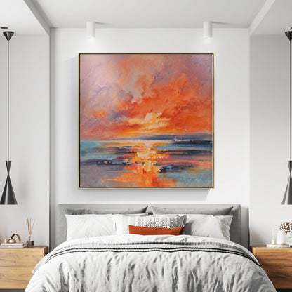 Stunning Ocean Sunset with Red Moon: Vivid Oil Painting for Home Decor