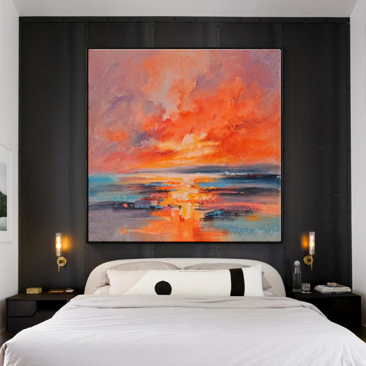 Stunning Ocean Sunset with Red Moon: Vivid Oil Painting for Home Decor