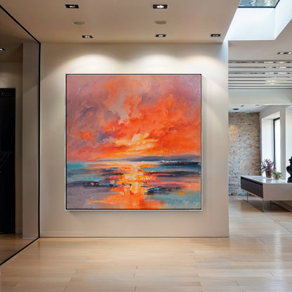 Stunning Ocean Sunset with Red Moon: Vivid Oil Painting for Home Decor