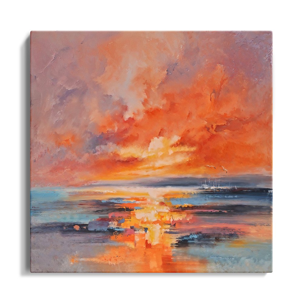 Stunning Ocean Sunset with Red Moon: Vivid Oil Painting for Home Decor