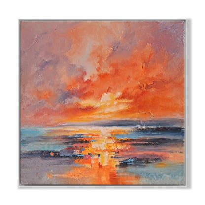 Stunning Ocean Sunset with Red Moon: Vivid Oil Painting for Home Decor