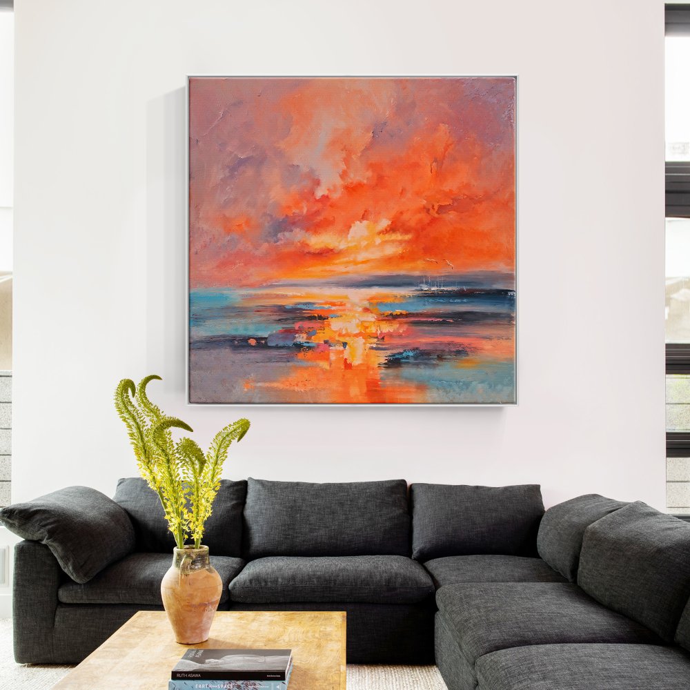 Stunning Ocean Sunset with Red Moon: Vivid Oil Painting for Home Decor