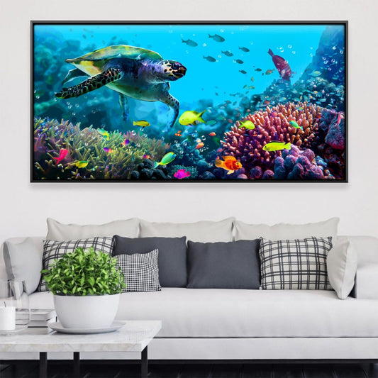 Vibrant Coral Reef Scene with Sea Turtle and Colorful Fish in Ocean Depths