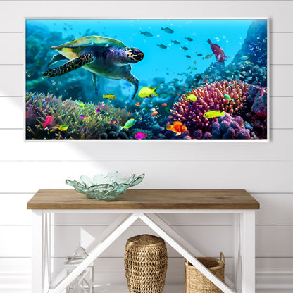 Vibrant Coral Reef Scene with Sea Turtle and Colorful Fish in Ocean Depths