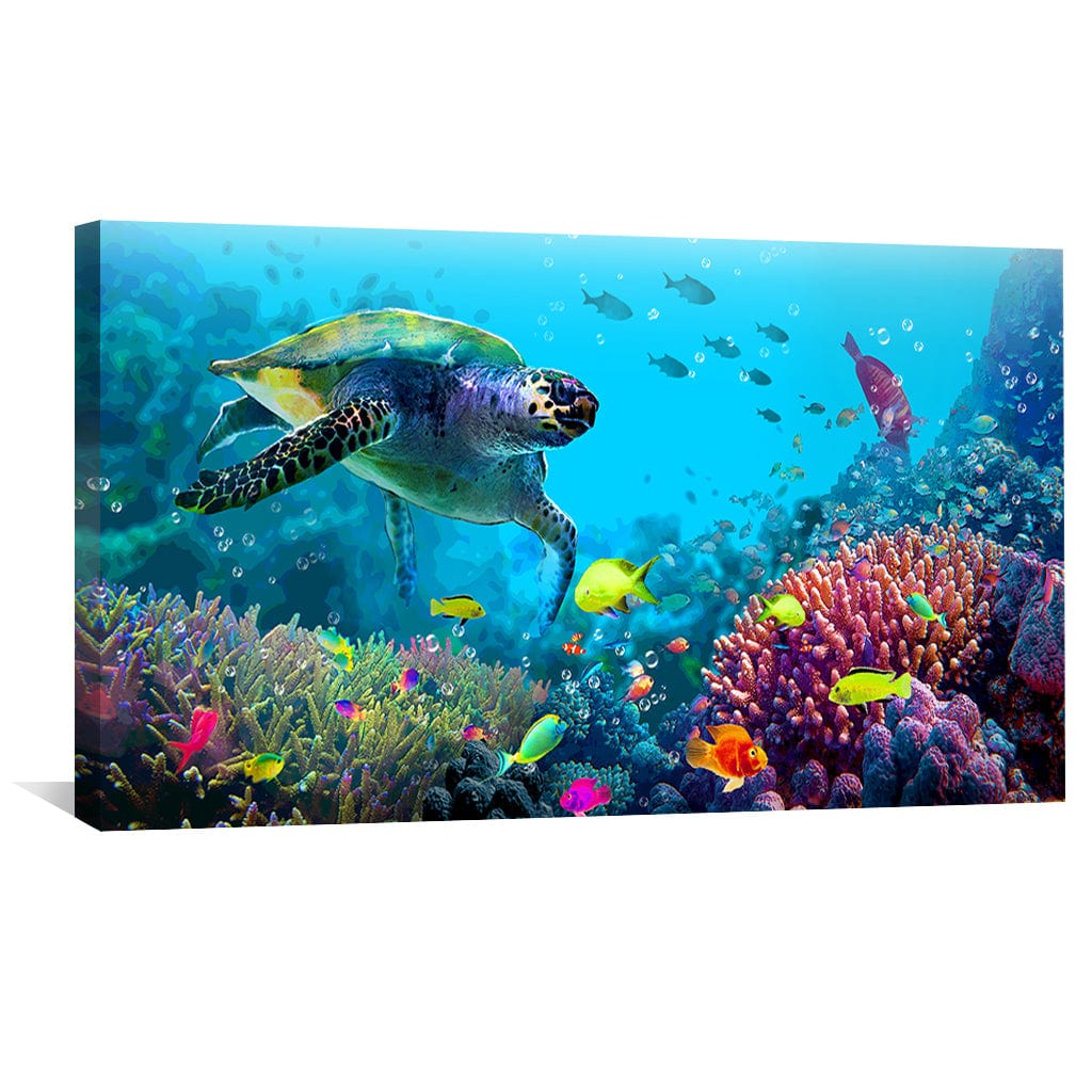 Vibrant Coral Reef Scene with Sea Turtle and Colorful Fish in Ocean Depths