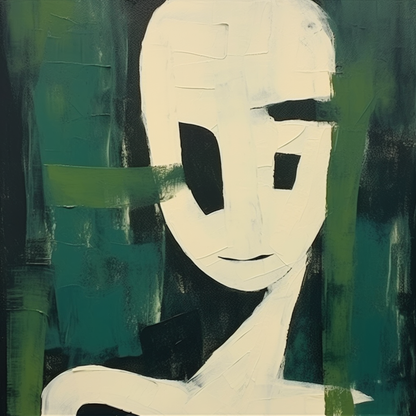 Abstract Minimalist Portrait with Green Accents - Contemporary Oil Painting Decor