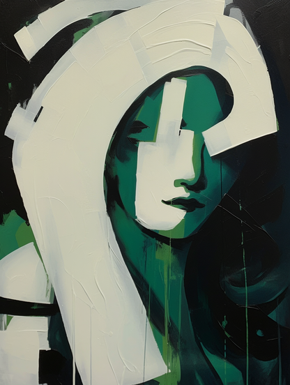 Modern Abstract Oil Painting of a Green-Hued Face in Minimalist Style